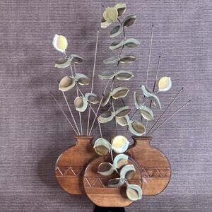 Vintage Metal Leaf Wood Vase Wall Hanging – Gold Eucalyptus Trio – Mid Century